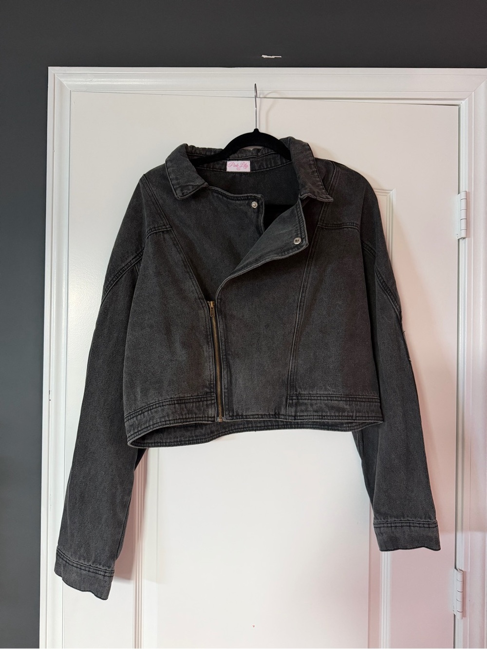Pink Lily Washed Black Cropped Denim Moto Jacket